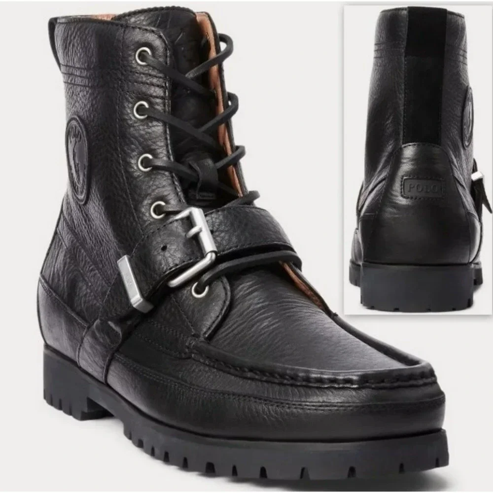 Mens Polo Ralph Lauren Ranger Boots Tumbled Leather Buckle Moc Toe Lug Sole 10.5